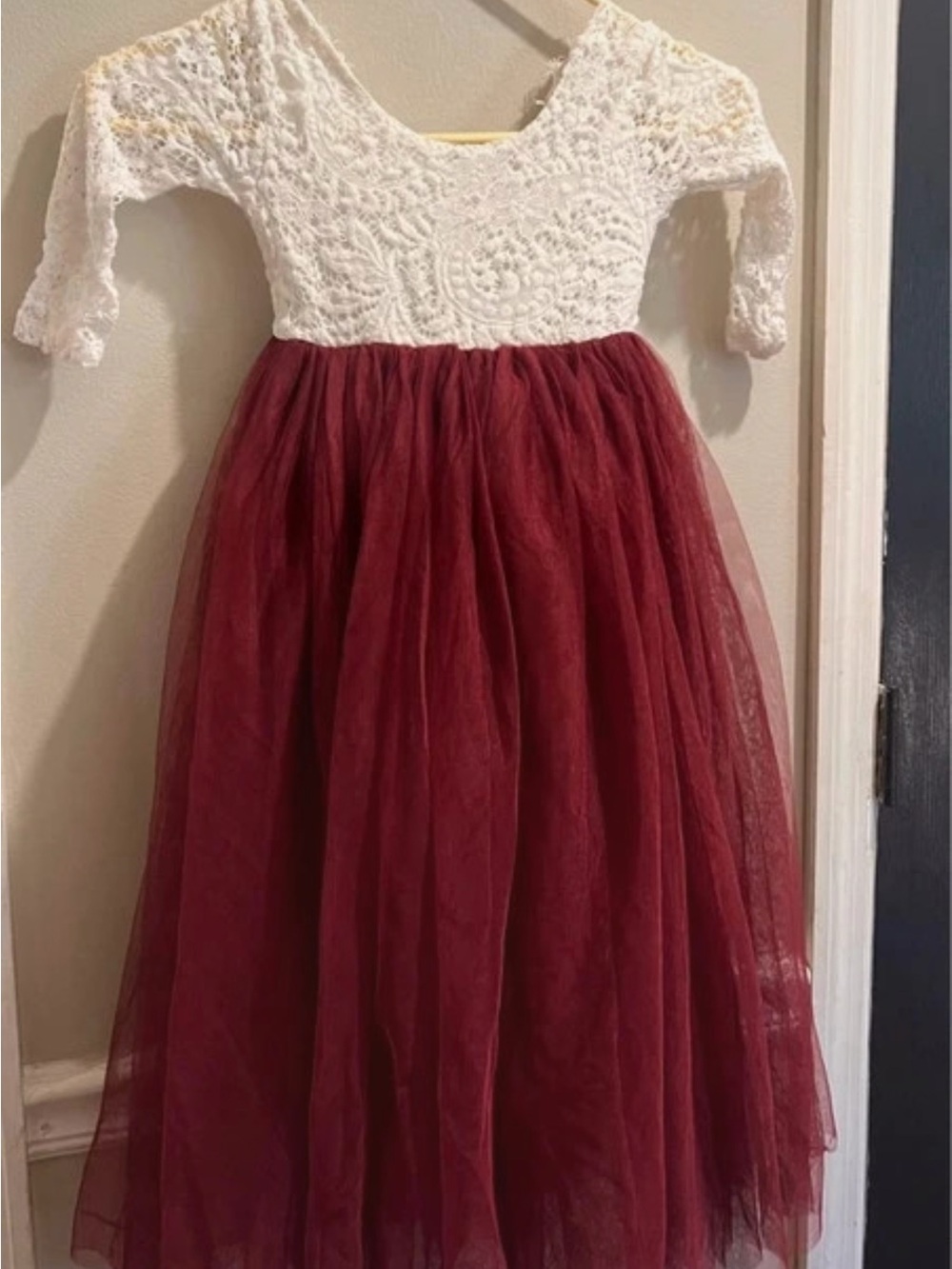 Girls White Lace Top Burgundy Tulle Skirt Dress